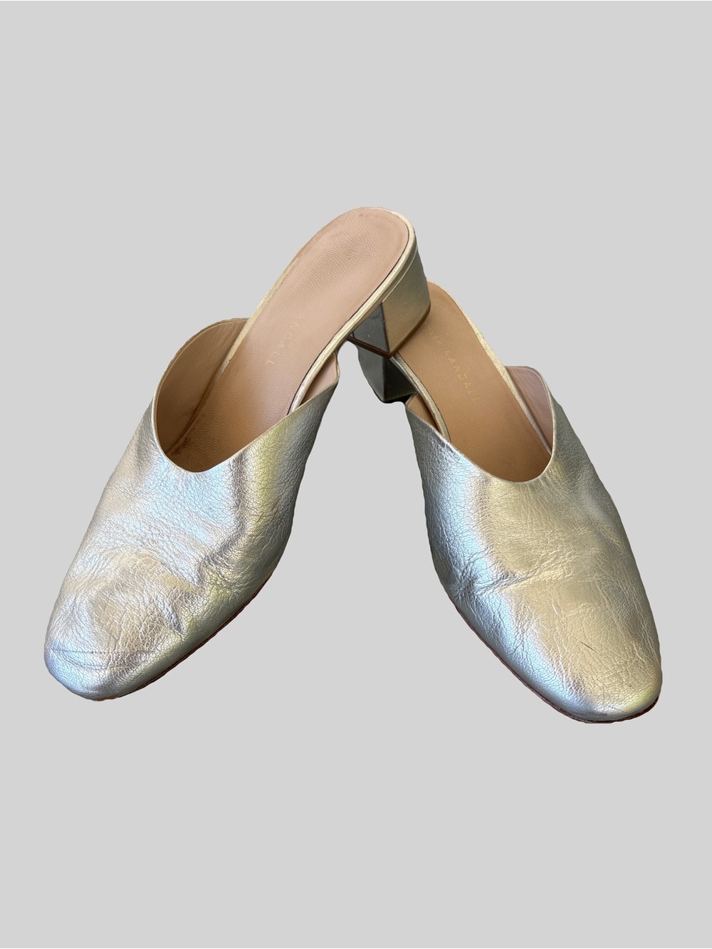 Loeffler Randall Metallic Silver Leather Square Toe Block Heel Mules Sz 6.5 B